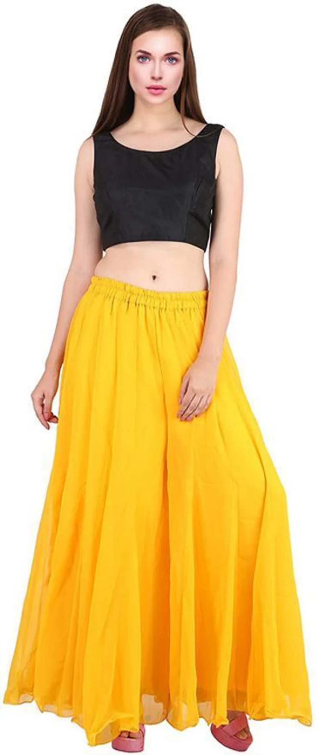 Women Flared Yellow Georgette Trousers - Image 2