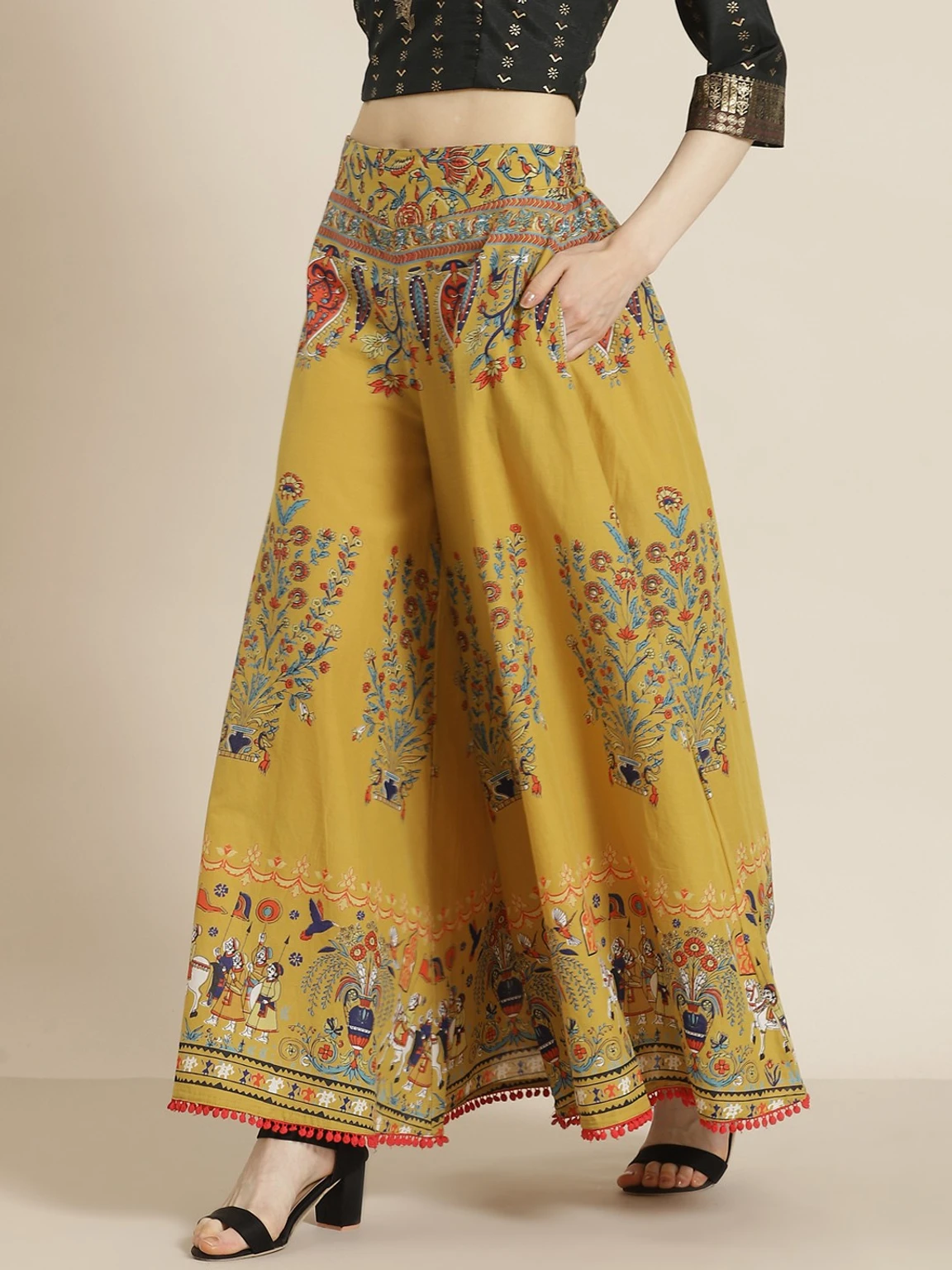 Women Flared Multicolor Pure Cotton Palazzos - Image 3