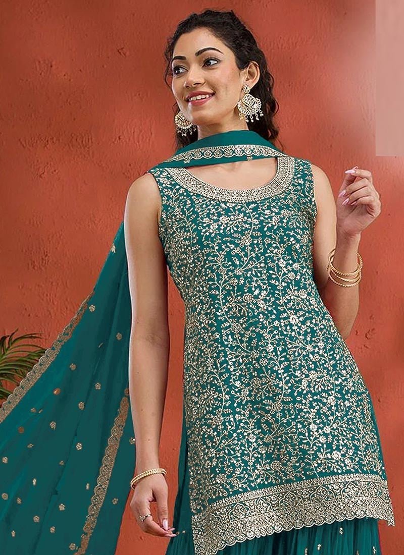 Red Georgette Embroidered Sequin Palazzo Set Festive Wear - Image 11