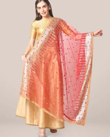 Red Net Dupatta with Sequins & Mirror Work