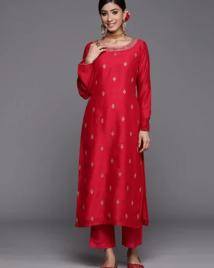 Magenta Solid Silk Straight Kurta