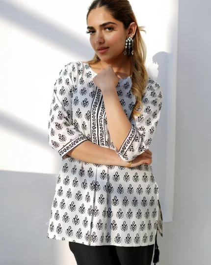 White Printed Cotton Straight Kurti