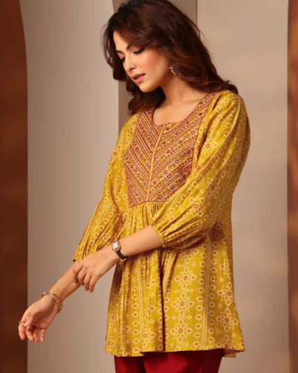 Mustard Printed Silk Blend Anarkali Short Kurti