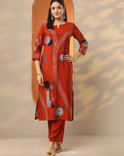 Rust Printed Silk Blend Straight Kurta