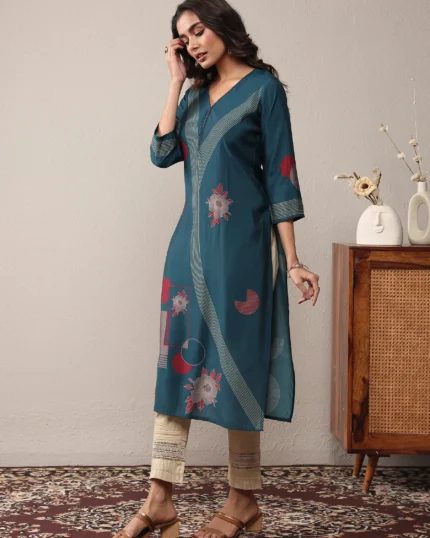 Blue Floral Printed Silk Blend Straight Kurta
