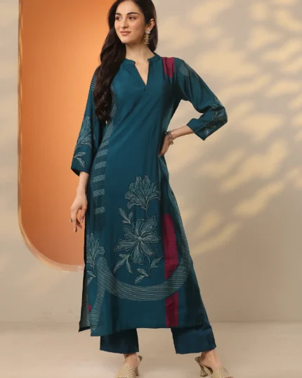 Blue Printed Silk Blend Straight Kurta