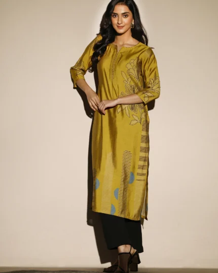 Mustard Printed Silk Blend Straight Kurta