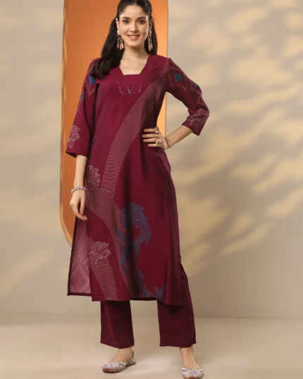 Burgundy Printed Silk Blend Straight Kurta