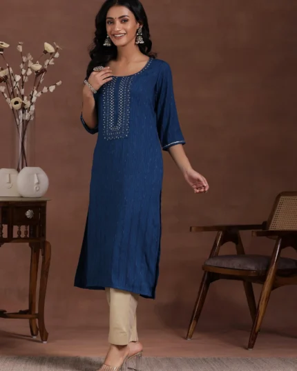 Blue Yoke Design Rayon Straight Kurta
