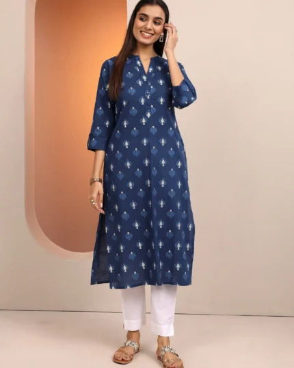 Blue Printed Cotton Straight Kurta