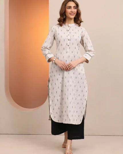 Off White Printed Cotton Blend Straight Kurta