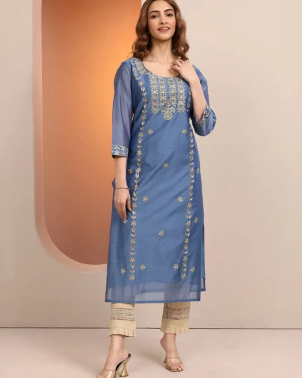 Blue Embroidered Chanderi Silk Straight Kurta