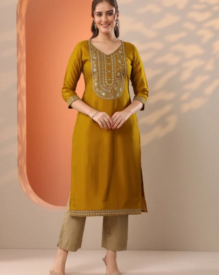 Mustard Embroidered Silk Blend Straight Kurta