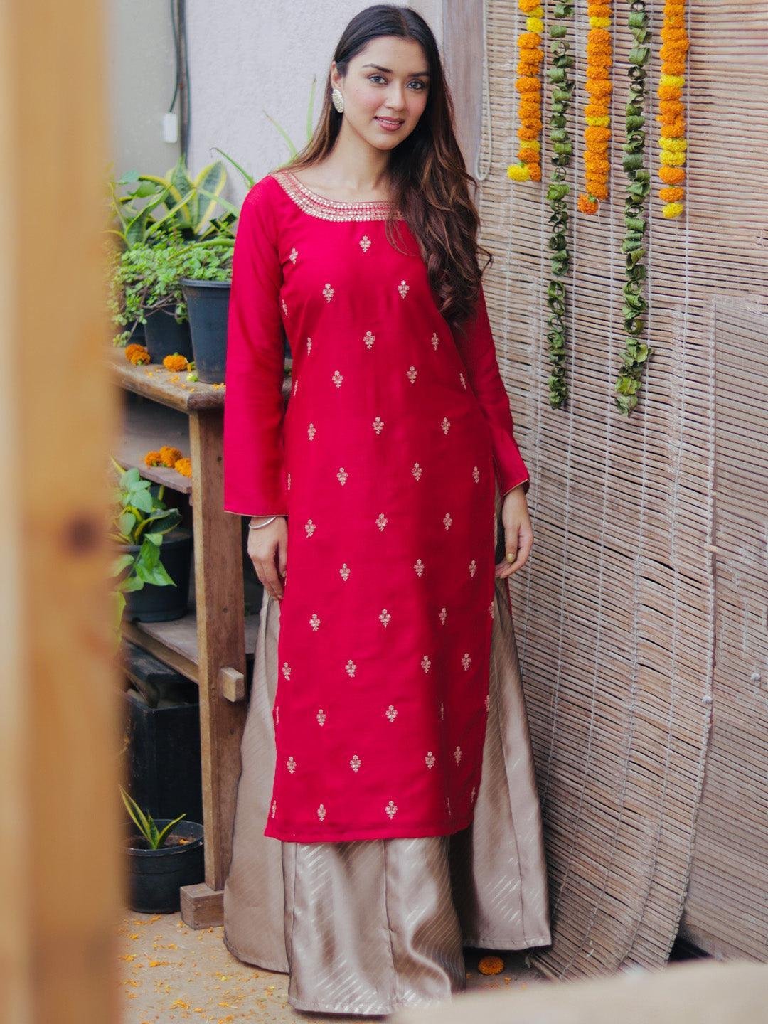Magenta Solid Silk Straight Kurta - Image 6