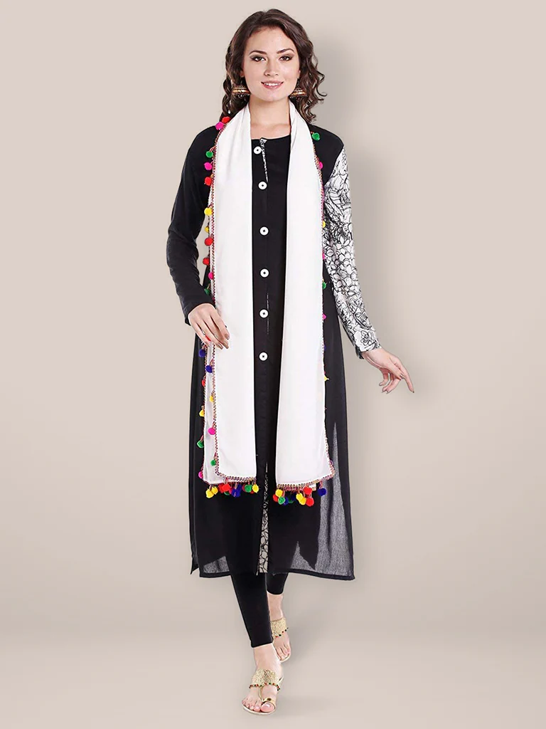 White Chiffon Dupatta with Multicolored Pompom Balls - Image 2