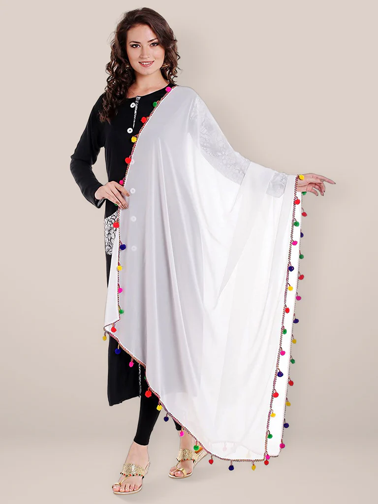 White Chiffon Dupatta with Multicolored Pompom Balls - Image 3