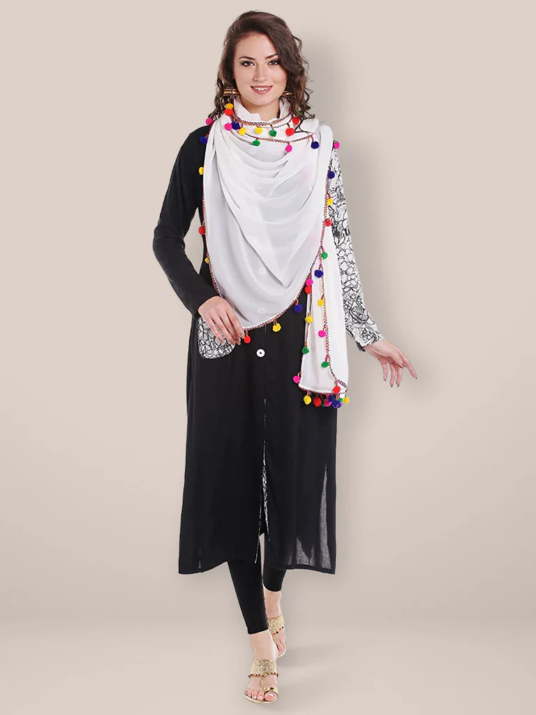 White Chiffon Dupatta with Multicolored Pompom Balls - Image 4