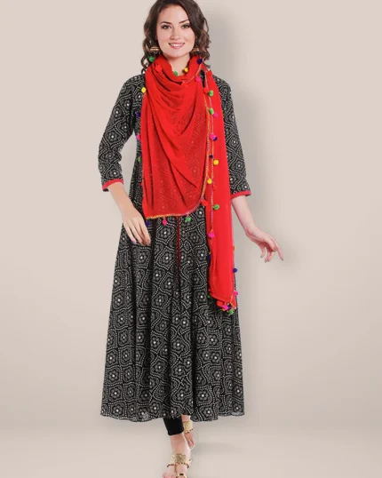 Red Chiffon Dupatta with Multicolored Pompom Balls