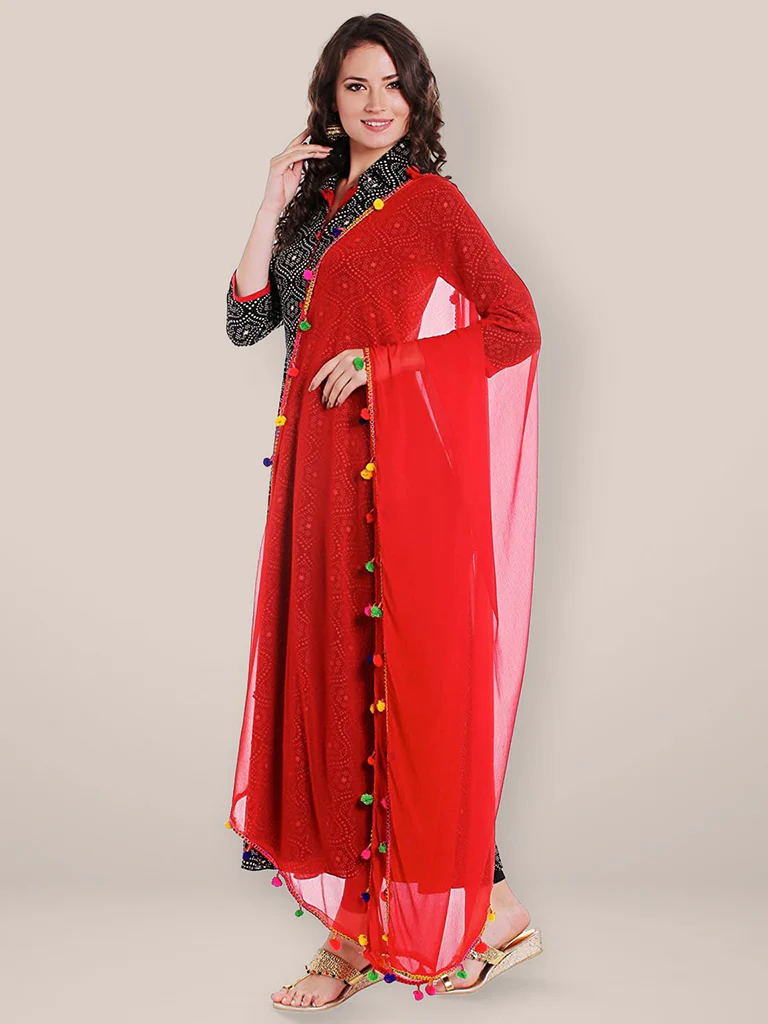 Chiffon Dupatta with Multicolored Pompom Balls - Image 10
