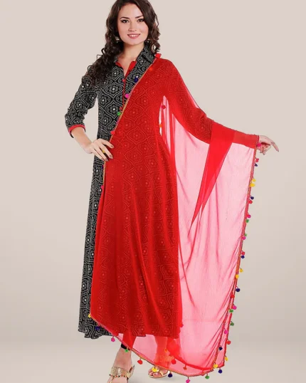 Chiffon Dupatta with Multicolored Pompom Balls