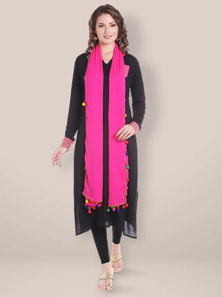 Chiffon Dupatta with Multicolored Pompom Balls - Image 4