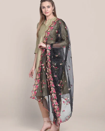 Organza Dupatta with Multicolor Floral Embroidery