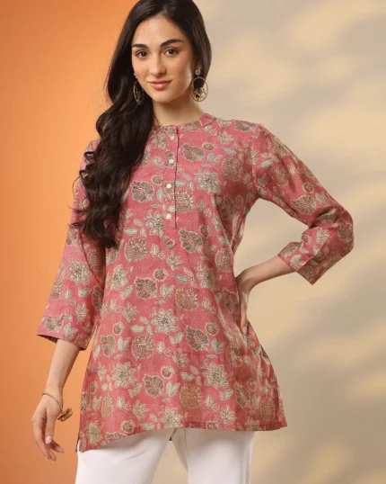 Pink Printed Silk Blend Straight Short Kurti