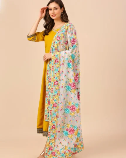 Floral Embroidered White & Multi Georgette Dupatta