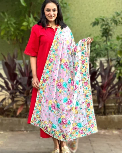 Floral Embroidered White & Multi Georgette Dupatta