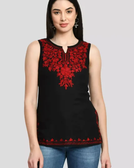 Black Kashmiri Sleeveless Short Kurti