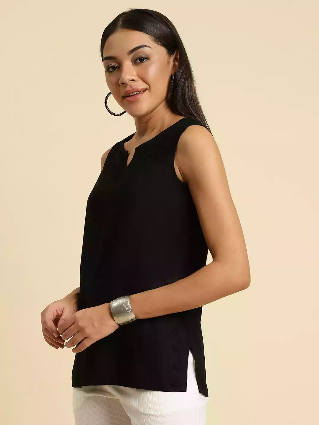 Black Self-Embroidered Sleeveless Short Kurti - Image 7