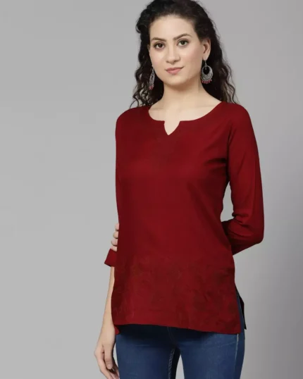 Hiba Maroon Self Embroidered Short Kurti