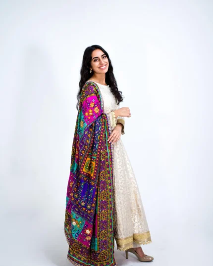 Multicolor Silk Dupatta with Glass Shine | Designer Print silk Indian Dupattas, Phulkari Dupatta, RAJSTHANI Mirror work Dupatta, Chunni