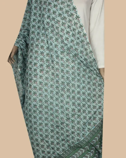 Green Florets on Blue Block Printed Mul Cotton Dupatta