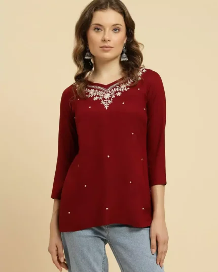 Maroon Kashmiri Silk Work Short Kurti
