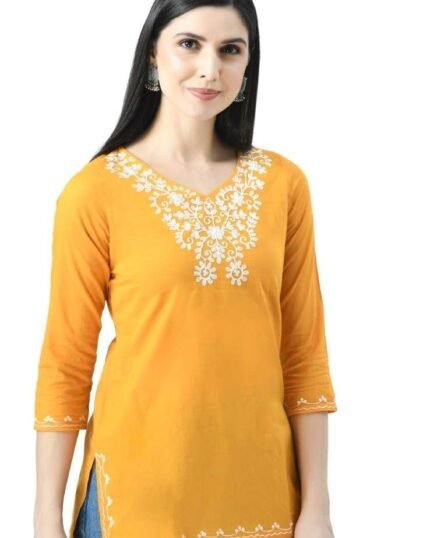 Mustard Yellow Resham Work Short Kurti