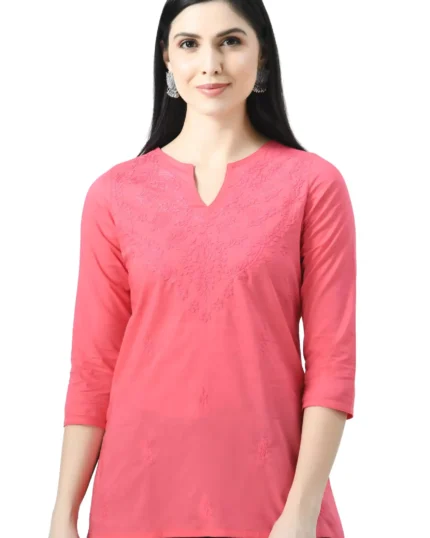 Pink Self Chikankari Short Kurti
