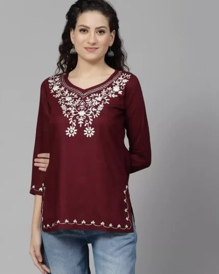 Wine Colored Resham Work Short Kurti